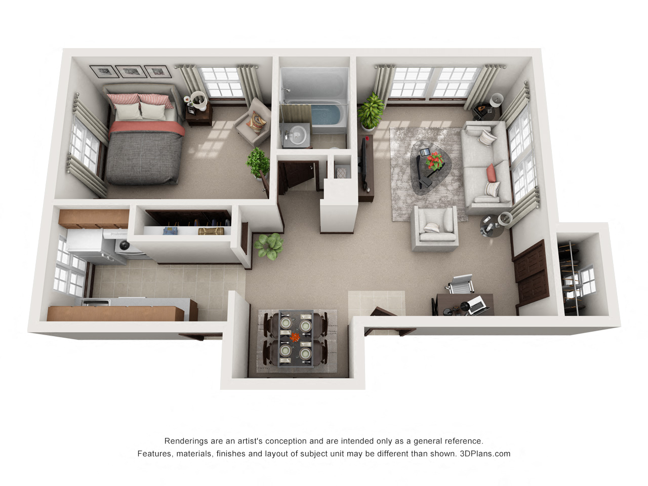 Floor plan for 1 bed, 1 bath, 600 sqft